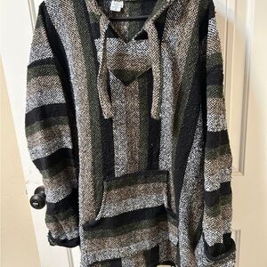 Striped Baja Hoodie poncho  - Black, Gray & Olive